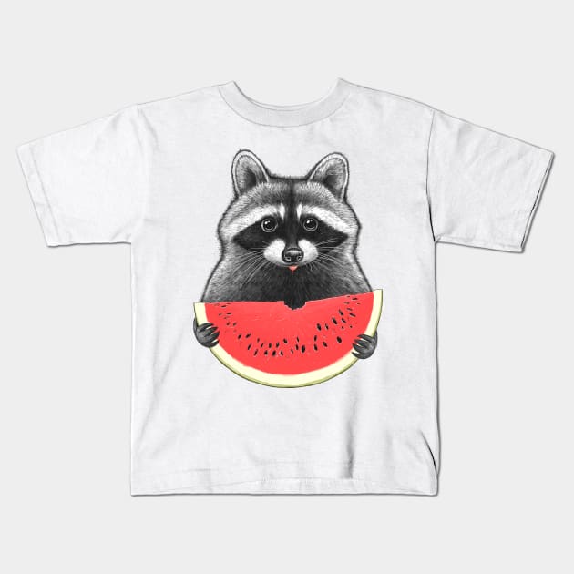 Raccoon eating watermelon Kids T-Shirt by NikKor